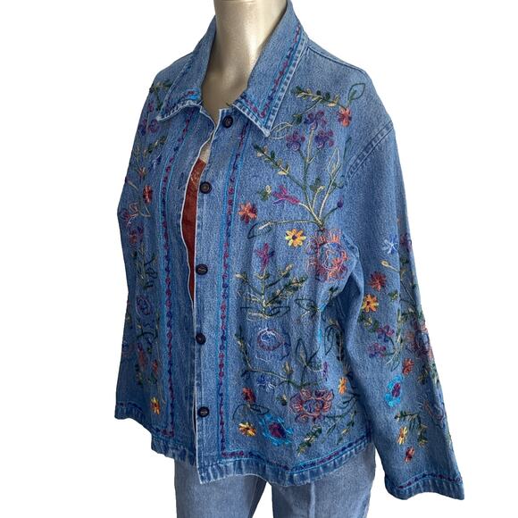 Vintage Tantrums Women Denim Embroidered Button Up Jacket Size Large 90S Floral - Picture 1 of 10